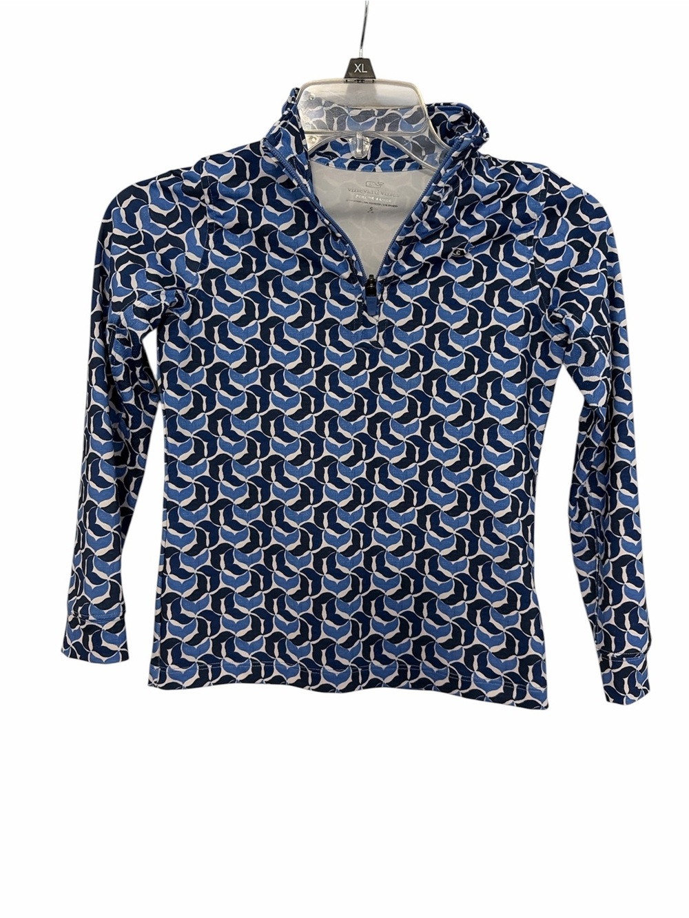 Vineyard Vines Blue & White Geometric Whale Tail 1/4 Zip Performance Top